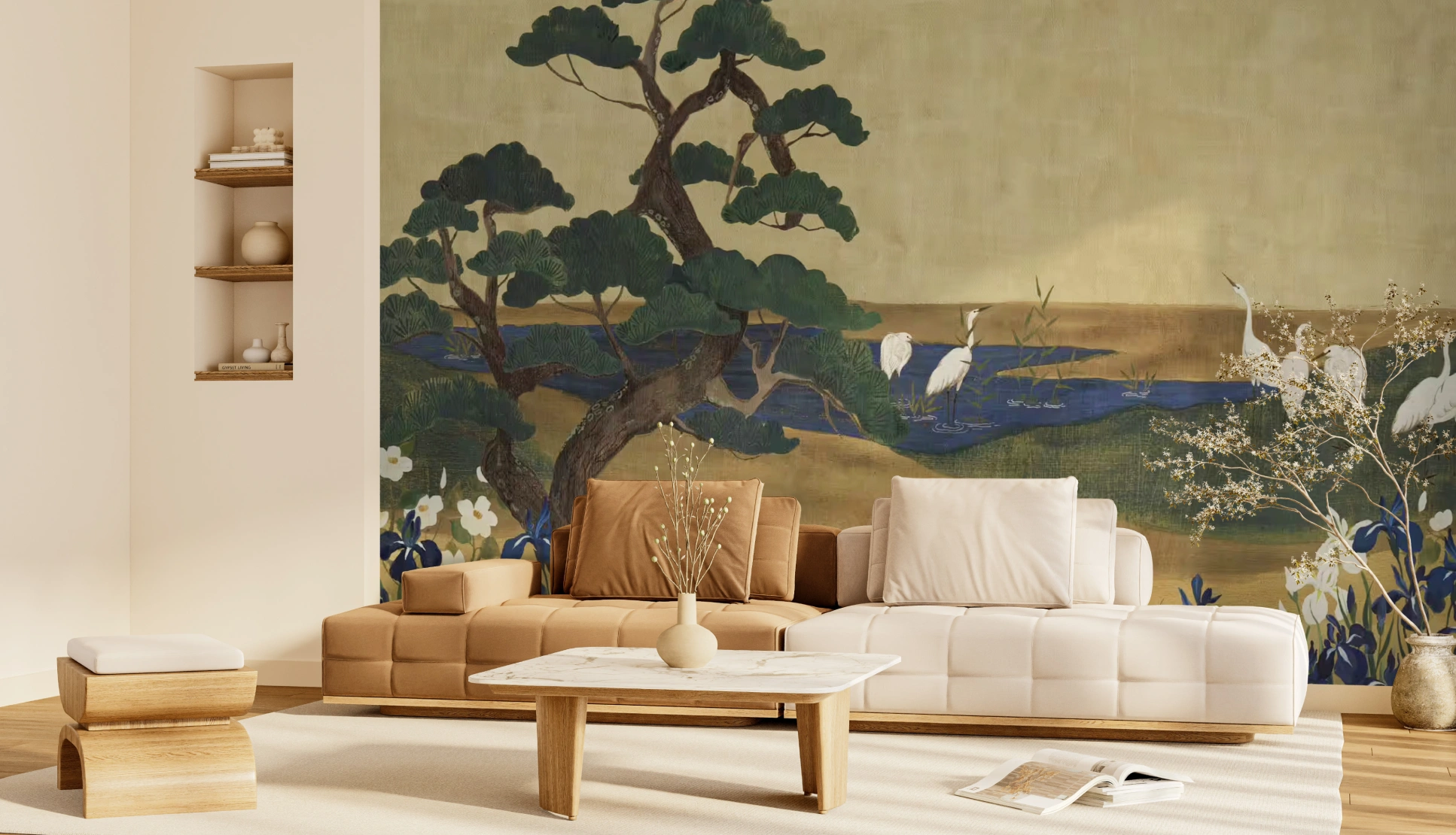 Warm Mural with tree and heron